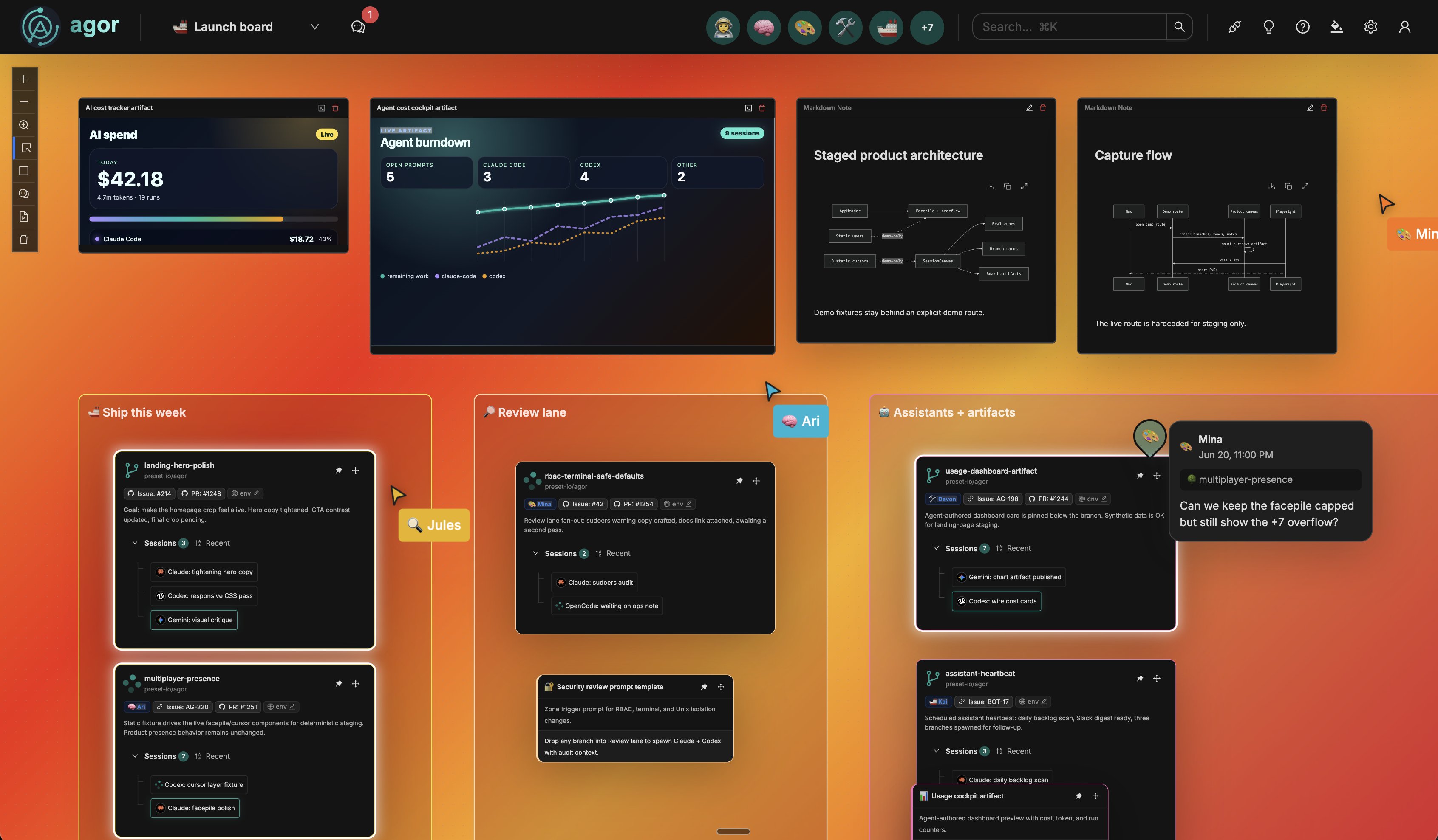 Agor board showing live cursors, rich branch cards, zones, and agent dashboards